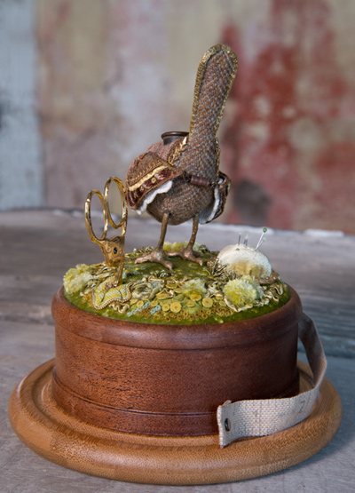 Hand embroidered Wren Etui, perched on a mossy hillock with pincushion and scissors